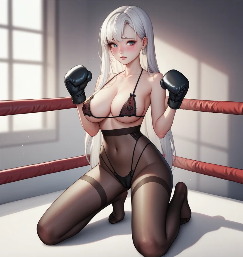 Korean beauty，18 years old,Pretty Face，Good shape，detailed picture, Shy expression， blush，White long hair, Wear black sexy lingerie，Wear black pantyhose, Wearing black boxing gloves, Kneeling in a sexy pose in the boxing ring，Large Breasts,cleveage,Long legs，Thin waist，nipple，Camel toe