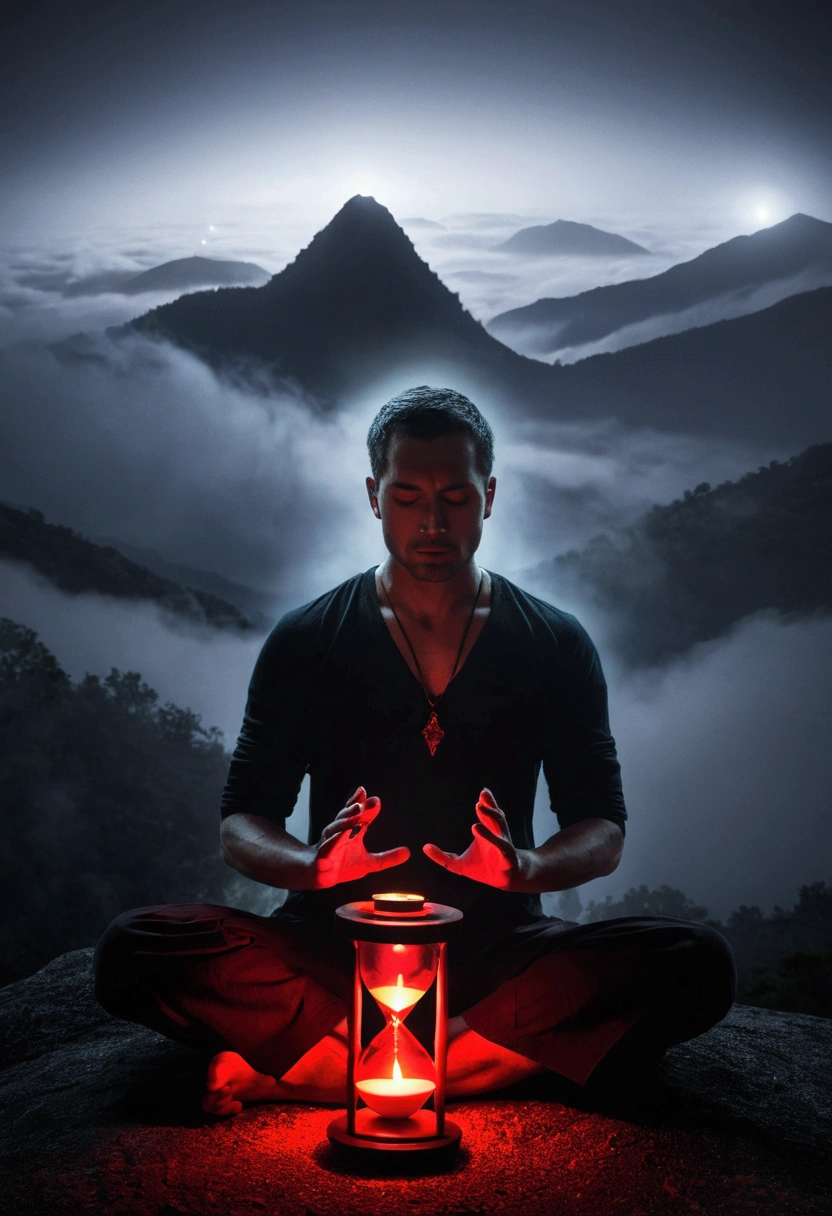 A man sitting in a meditative position in a foggy mountainous setting, holding a glowing hourglass with red light emanating from its center. The hourglass emits an intense glow, illuminating the man's face and creating a contrast with the dark and dramatic environment in the background. adding a touch of mystery and spirituality to the scene