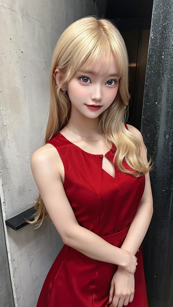 There is a blonde woman in a short red dress posing for a photo, 18 years, 19 year old girl, she is about 2 0 years old, she is about 20 years old, 2 4 year old female model, young and cute girl, pretty face with arms and legs, she has approximately, 21 years