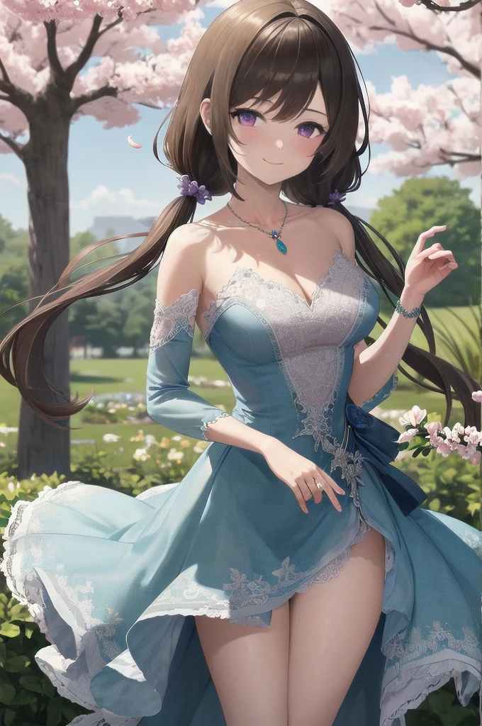 Eleonor, long brown hair slightly curled, (Dark hair), sharp purple eyes, former noble from England, ((elegant and refined features)), illustration, intricate detail, beautiful eyes with a hint of mystery, 1girl, solo, wearing an exquisite Victorian-era gown with intricate lace and embroidery, masterpiece, best quality, better lights, better shadows, breasts apart, medium breasts, wide hips, milf, mature female:1.2, standing gracefully in a garden with a Sakura Blossom Tree and cherry blossoms, clear sky, soft ambient lighting, blush:1.5, looking at viewer with a gentle smile, facing viewer, elegant pose with one hand lightly touching a rose bush, cowboy shot, contrapposto, thigh gap:1.2, blue footwear, low twintails, jewelry including a hairband, bare shoulders, necklace, detached sleeves, knee boots, strapless gown revealing collarbone, closed mouth with half closed eyes:1.2, embodying a sophisticated and alluring presence, confidence,