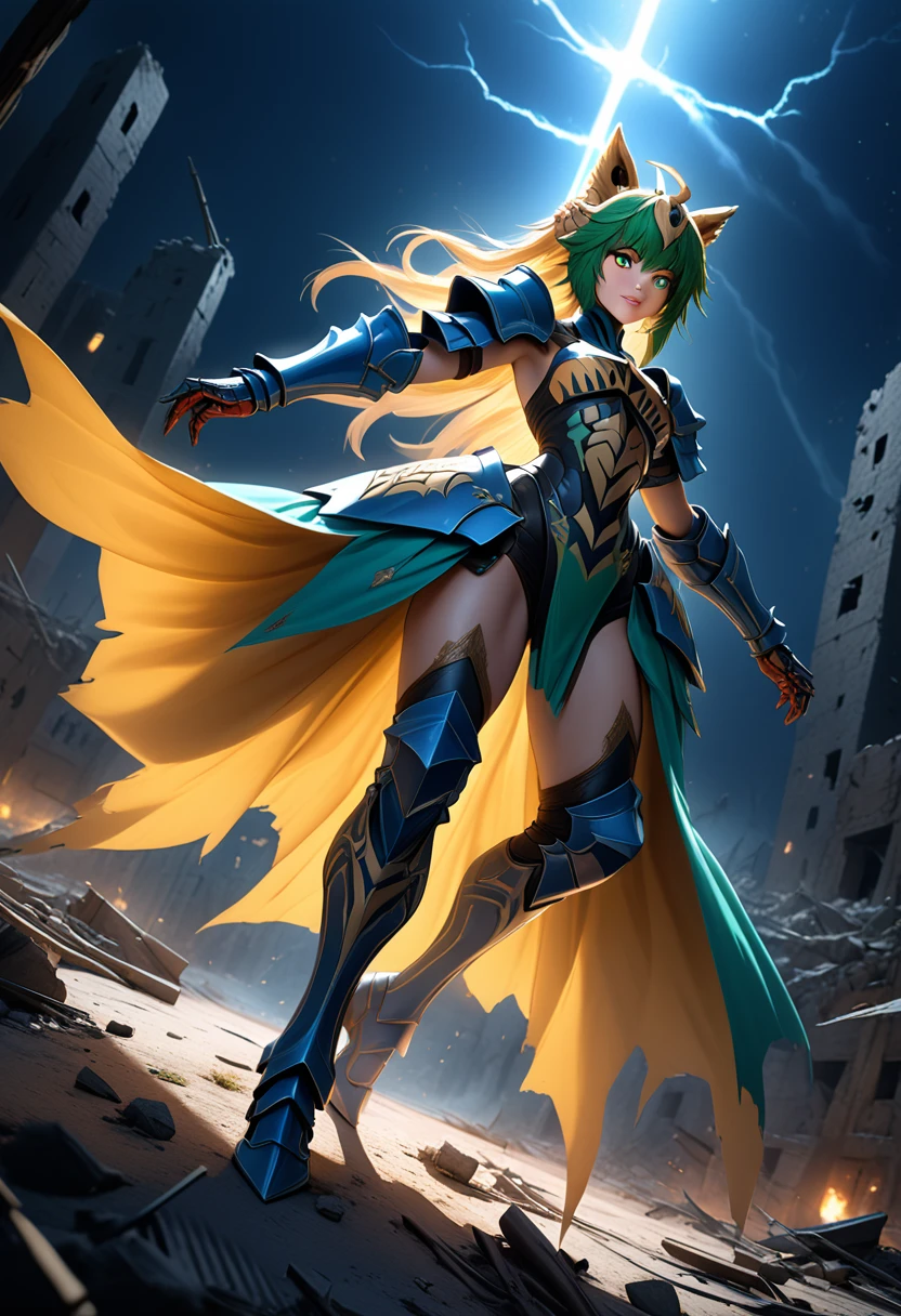 (masterpiece, top quality, best quality, beautiful and aesthetic:1.2), full body, SFW, extremely detailed, detailed eyes, green eyes, detailed hands, cinematic light, depth of field, 1girl, seducing smile, solo, official, (full armored knight:1.4), Atalanta Fate, slim body, cinematic lighting, dramatic lighting, dramatic atmosphere, hyper-realistic, high resolution, stunning contrast, high quality, best quality, 8k, 4k, intricately detailed, (amazing details:1.2), highly detailed skin, powerful presence, vibrant colors, (detailed eyes:1.2), striking eyes, (detailed background), (warzone on background, night, ruins), (dynamic angle:1.2), (dynamic pose:1.2)