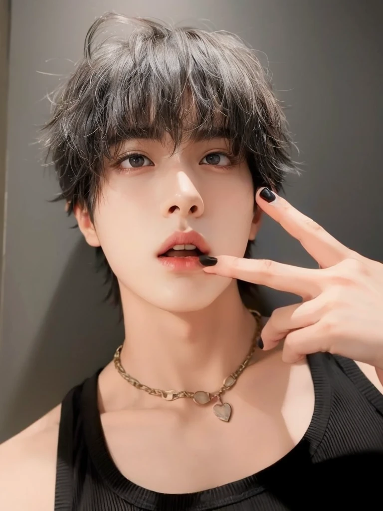 arafed asian woman wearing a black top and necklace holding a finger up to her lips, Jimin\full lips, cai xukun, inspired by Kun Can, wicked ulzzang, kim doyoung, Hearingyoung Shin, pale korean adorable face, jungkook, Jimin, hyung tae, jia, kim taejin, taehyung eating gucci fries, kpop boy, Korean Face, Kim seokjin, seokjin, Hearing, BTS, BTS Kim seokjin, BTS Hearing, korean male face