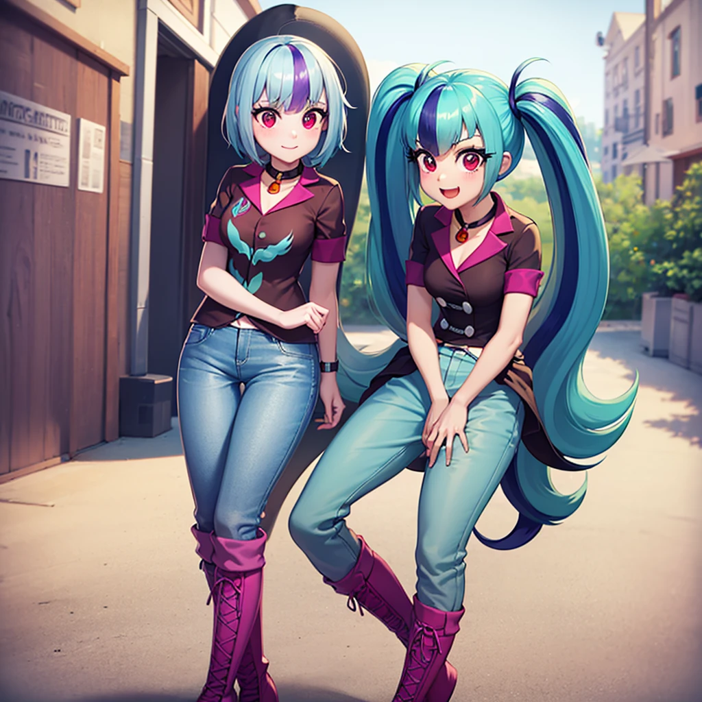 high quality, 1 girl, 18 years, lime green hair with blue ombre, linda, denim pants, short vest, blue high boots, shirt, hand on waist, my Little pony equestrias girls. 