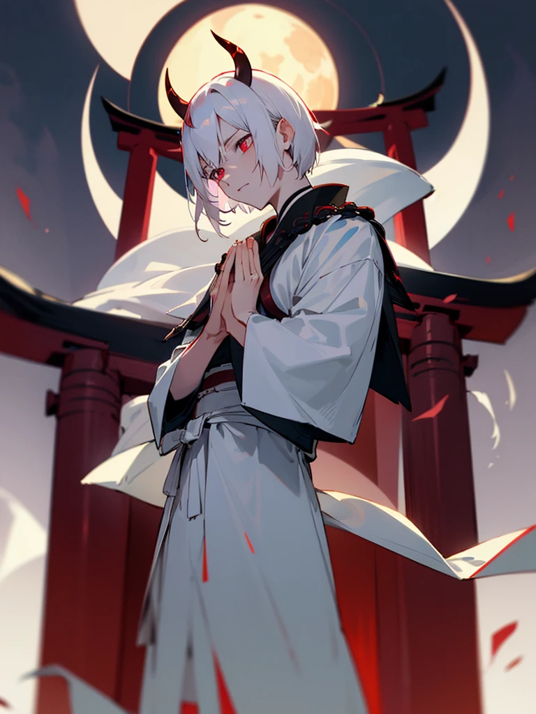 Demon, evil eye, horn, white short hair, black armor, torii gate, man, full moon, hands together in prayer
