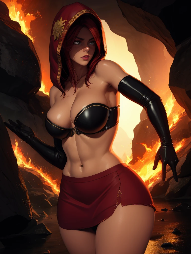 Dsorceress, redhair, shadowy face,dark cave, fire, hood, shadowed face, no bra, topless, slim and athletic body, miniskirt, no panty, elbow gloves, dark skin, 1 girl (insanely detailed, masterpiece, best quality)