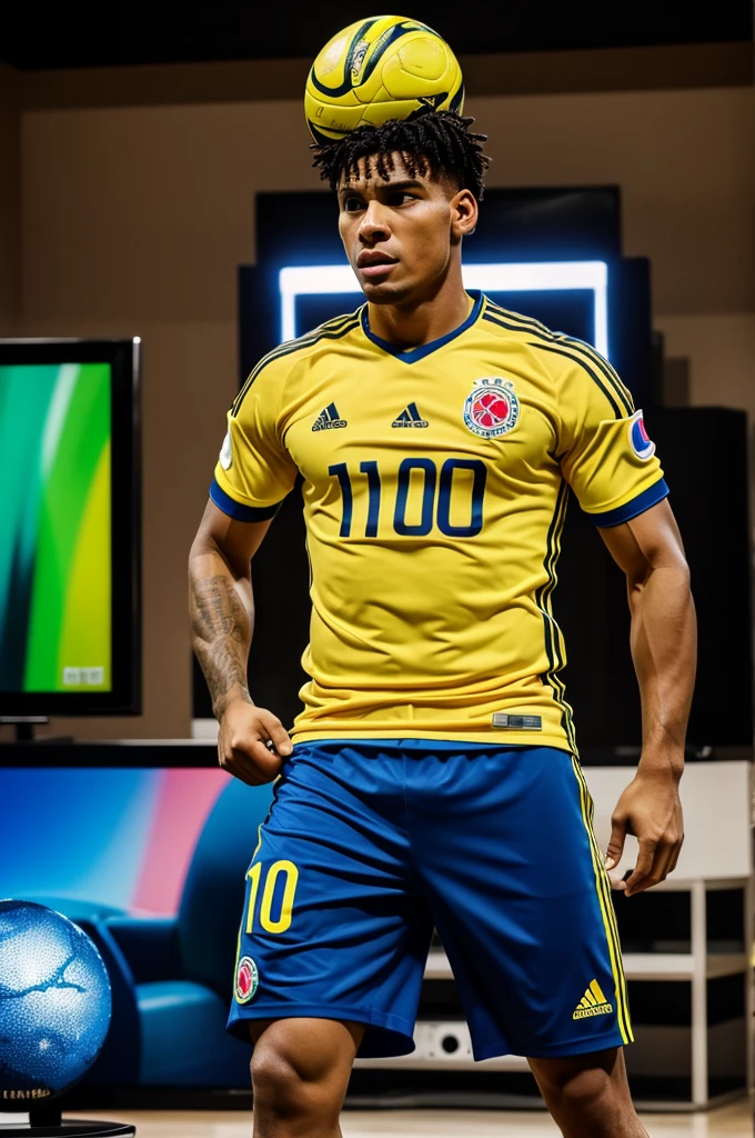 Better watching big television with. Colombia national team shirt with the. Number 10 with black hair