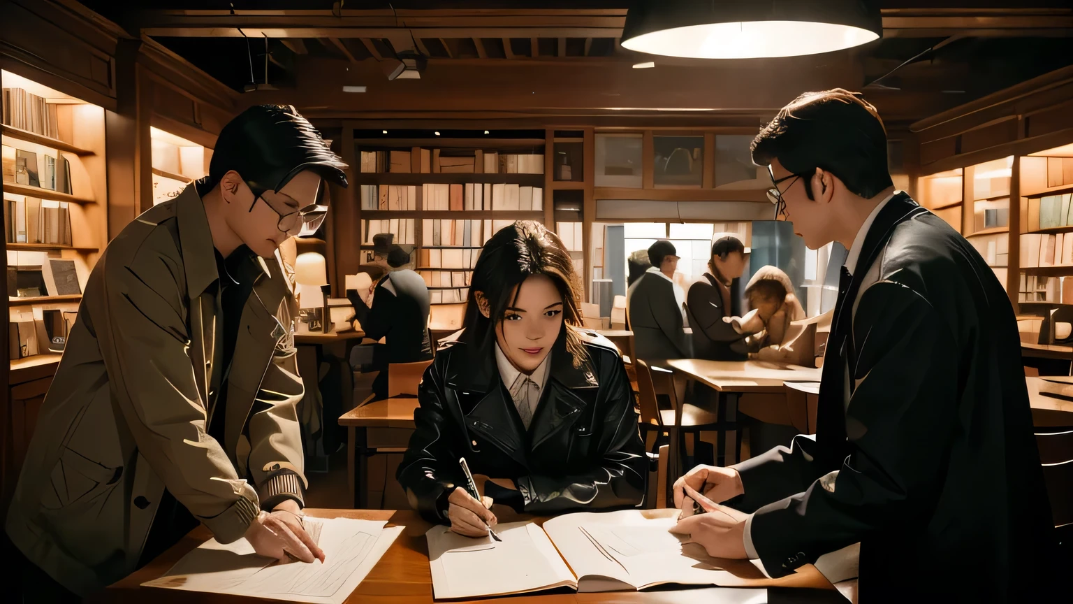 Create an image of a group of male detectives engrossed in investigating a case. They are gathered around a large wooden table covered with documents, photographs, and evidence. The table should also have a laptop, an open notebook, and a few pens scattered around. On the wall behind them, there is a large world map with various locations marked and connected with red strings, indicating their global investigation.

The detectives should be a diverse group, each displaying a unique style and personality. One detective, with a neatly trimmed beard and wearing a fitted suit, points at the map, while another, in a casual leather jacket, studies the documents on the table. A third detective, dressed in a classic trench coat and fedora, leans over the table, examining a piece of evidence with a magnifying glass.

The room is dimly lit, with a single overhead lamp casting focused light on the table, creating an intense and focused atmosphere. The background should include bookshelves filled with case files, a corkboard with pinned notes and photos, and a window showing a cityscape at dusk. The overall scene should convey a sense of collaboration, determination, and the thrill of uncovering the truth.






