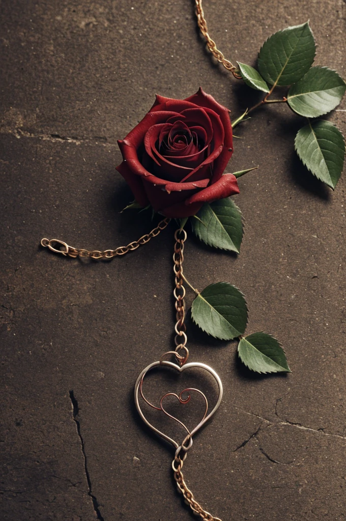 a delicate rose with drooping petals and thorns, entwined in a broken chain to symbolize both fragility and strength amidst struggle