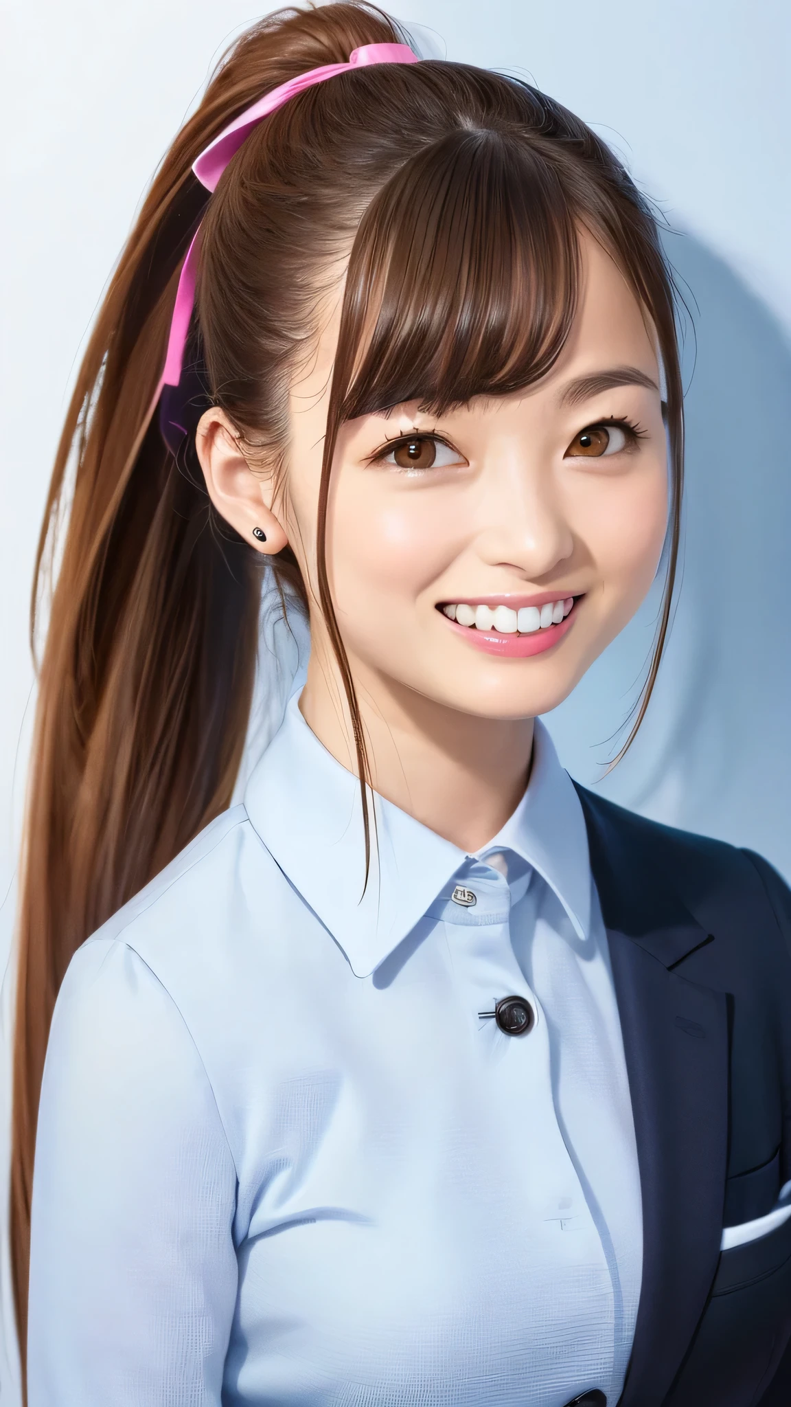 (Highest quality、8K、32k、masterpiece)、(Realistic)、(Realistic:1.2)、(High resolution)、Very detailed、Very beautiful face and eyes、２０Adult female years old、Round and small face、Tight waist、Delicate body、(Highest quality、Attention to detail、Rich skin detail)、(Realistic、Realistic:1.37)、Bright colors、(((Brown Hair)))、(((Full Body Shot)))、(((Long Hair)))、(((Side Ponytail)))、(((Daytime city background)))、(((smile)))、(((Teeth are visible)))、(((Wear a women's suit)))、、Kanna Hashimoto、 Office Lady、 OL、Tight skirt