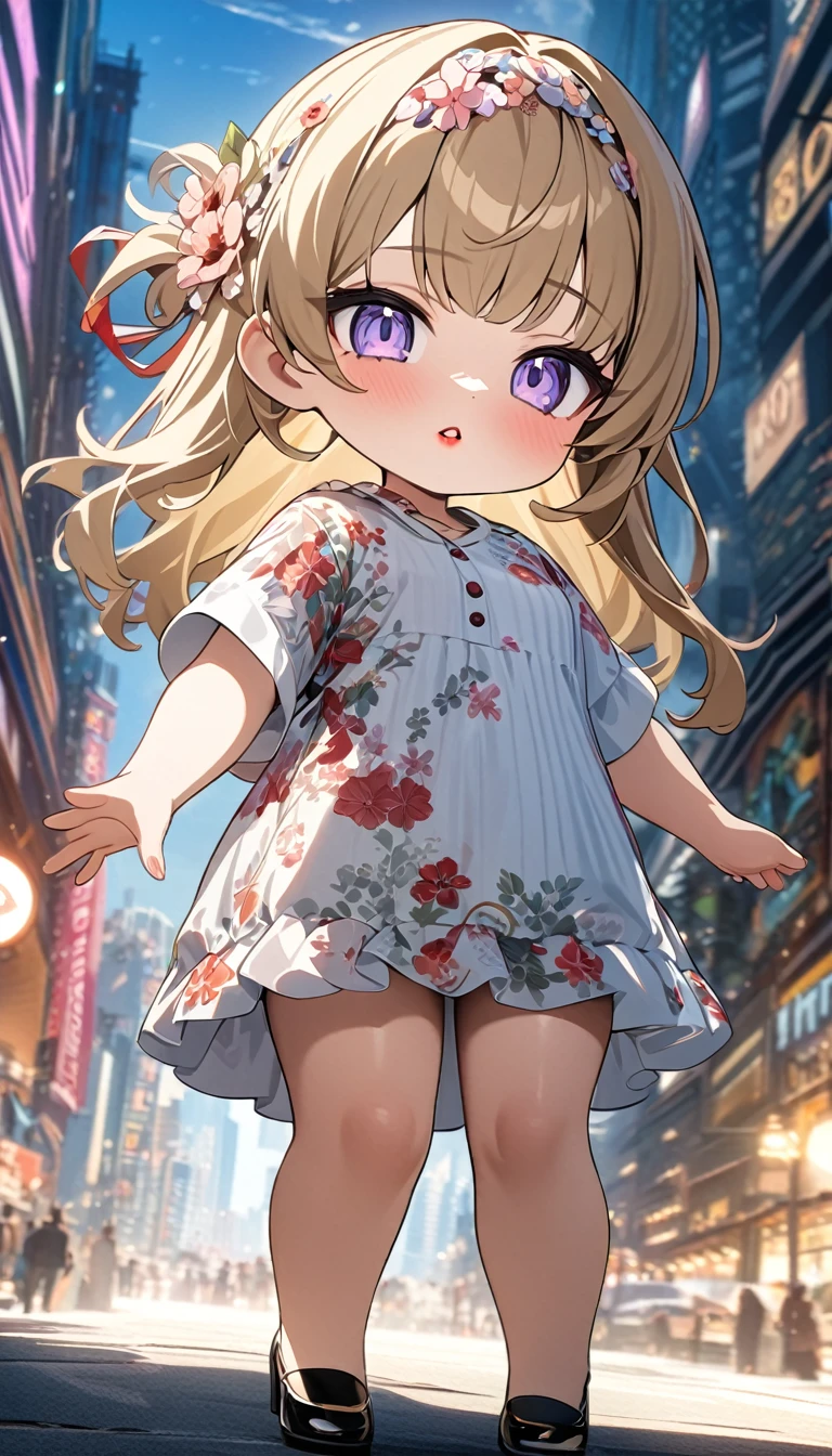 (masterpiece), best quality, ultra-detailed, 1024k UHD wallpaper, ultra-high resolution, depth of field, HDR, (extremely detailed CG 1024k wallpaper), Detailed face, Detailed Clothes, Ultra HD Photo, 1girl, faded gold hair, light purple eyes, red lips, flower hair band, flower shirt, chibi, flower skirt, small heels, city, (newest anime art style)