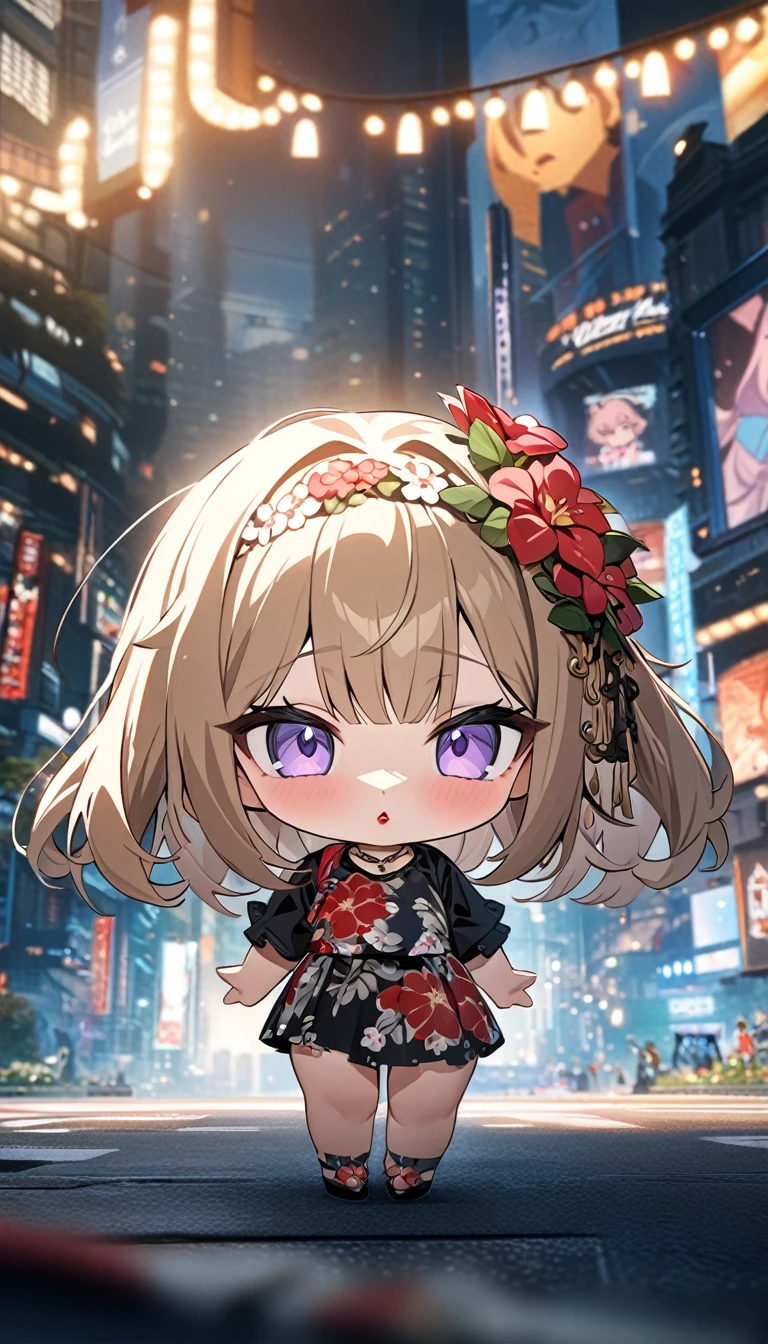 (masterpiece), best quality, ultra-detailed, 1024k UHD wallpaper, ultra-high resolution, depth of field, HDR, (extremely detailed CG 1024k wallpaper), Detailed face, Detailed Clothes, Ultra HD Photo, 1girl, faded gold hair, light purple eyes, red lips, flower hair band, flower shirt, chibi, flower skirt, small heels, city, (newest anime art style)