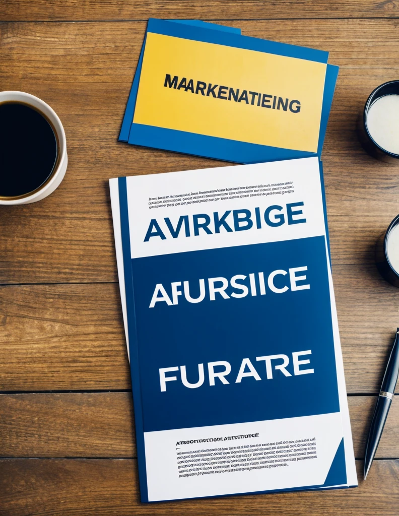A photograph of four items used: strategic document, advertising campaign, future, market