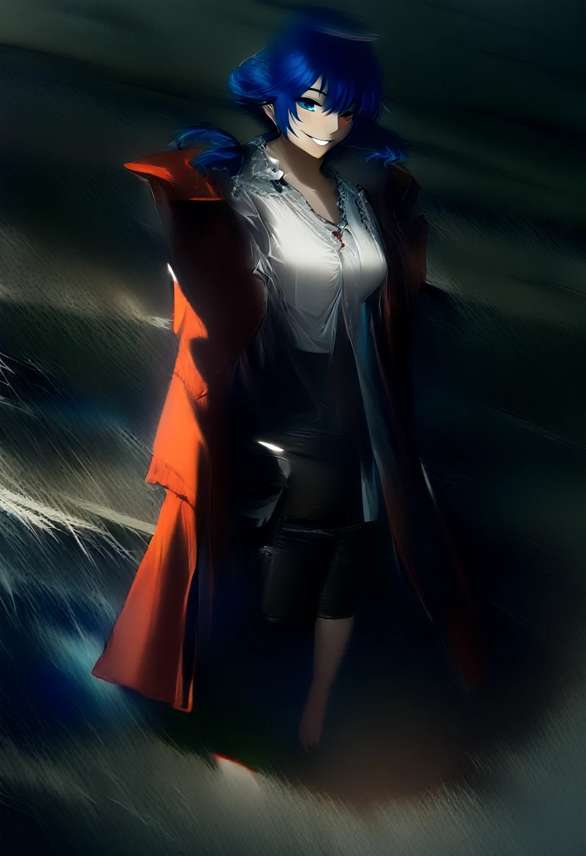 (woman), ((Mostima from arknights)), masterpiece, best quality, blue hair, short hair, pony tail, horns, medieval plain white shirt, red fullbody coat, dark blue eyes, realistic anime style, smile, black shorts.