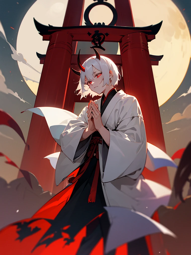 Demon, evil eye, horn, white short hair, black armor, torii gate, man, full moon, hands together in prayer