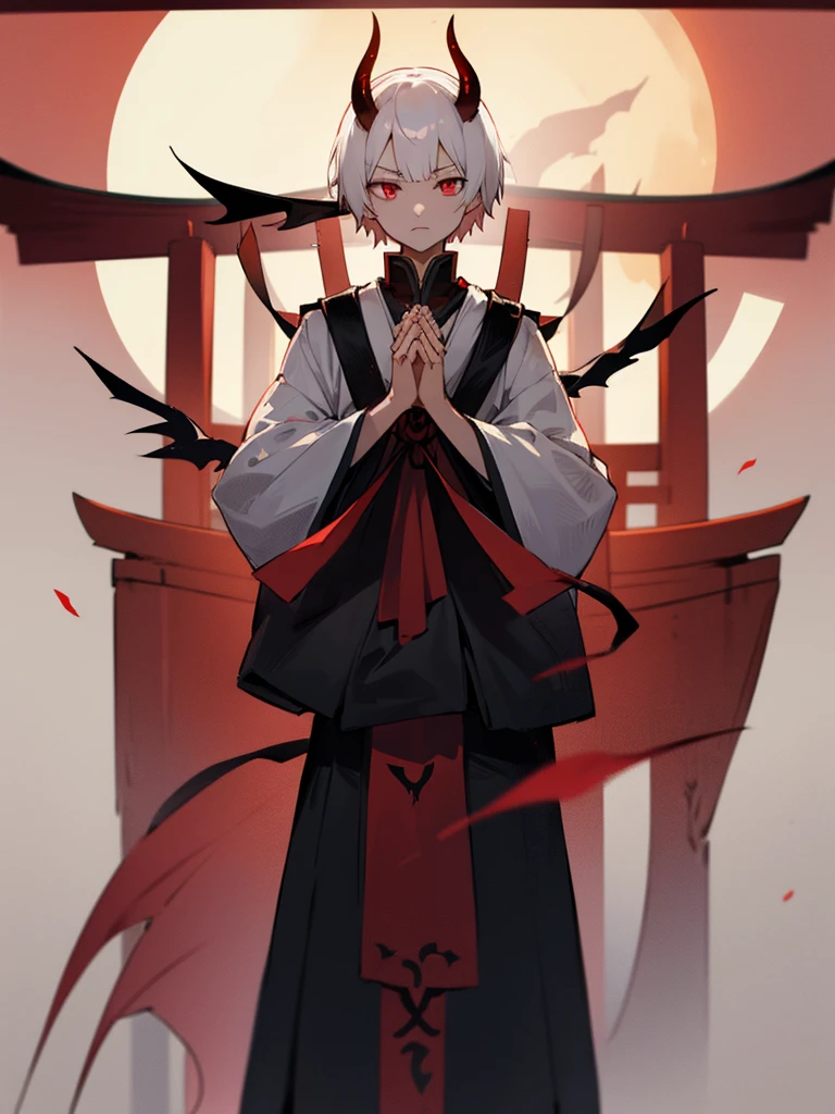 Demon, evil eye, horn, white short hair, black Western armor, torii gate, man, full moon, hands together in prayer