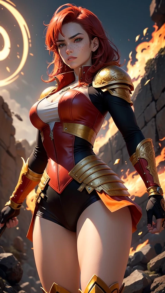 Create a character inspired by the Aries zodiac sign. The character is a dynamic and confident individual, with a strong presence and fiery personality. They have short, tousled red hair, sharp and determined green eyes, and a fair complexion with a hint of freckles. Their attire is a mix of modern and ancient warrior styles, featuring a red and gold color scheme. They wear a fitted leather jacket over a lightweight armor, with intricate designs that symbolize strength and bravery. The character carries a spear and has a fierce, courageous expression. In the background, include elements that represent Aries, such as a ram and flames.