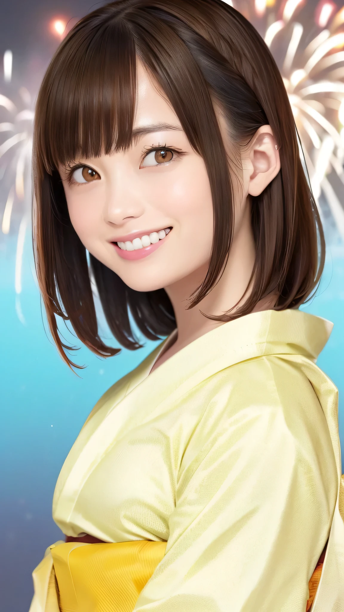 (Highest quality、8K、32k、masterpiece)、(Realistic)、(Realistic:1.2)、(High resolution)、Very detailed、Very beautiful face and eyes、20Adult female years old、Round and small face、Tight waist、Delicate body、(Highest quality、Attention to detail、Rich skin detail)、(Realistic、Realistic:1.37)、Bright colors、(((Brown Hair)))、(((Full Body Shot)))、(((Long Hair)))、(((Night fireworks festival background)))、(((smile)))、(((Teeth are visible)))、(((Wear a yellow yukata)))、、Kanna Hashimoto、 Yukata appearance、