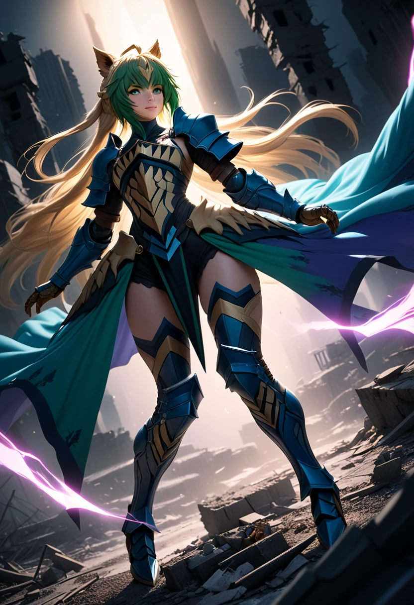 (masterpiece, top quality, best quality, beautiful and aesthetic:1.2), full body, SFW, extremely detailed, detailed eyes, green eyes, detailed hands, cinematic light, depth of field, 1girl, seducing smile, solo, official, (full armored knight:1.4), Atalanta Fate, slim body, cinematic lighting, dramatic lighting, dramatic atmosphere, hyper-realistic, high resolution, stunning contrast, high quality, best quality, 8k, 4k, intricately detailed, (amazing details:1.2), highly detailed skin, powerful presence, vibrant colors, (detailed eyes:1.2), striking eyes, (detailed background), (warzone on background, night, ruins), (dynamic angle:1.2), (dynamic pose:1.2)