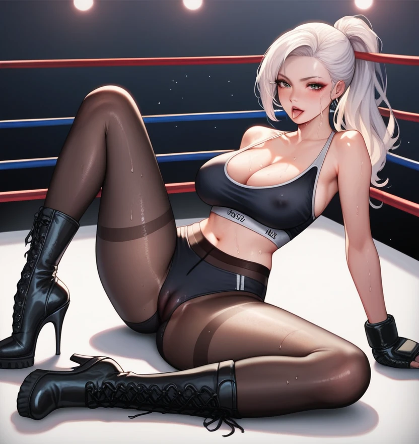 korean beautifull girl,18 years old,Pretty Face,Good shape,detailed picture, Seductive expression sticking out tongue, blush,White ponytail, Wear sports bras,Soaked,Wear black pantyhose,high-heel boots, Wearing black boxing gloves,Wearing a boxing helmet,Black sleeves on arms, Sitting in the boxing ring,Large Breasts,Cleavage,Long legs,Thin waist,nipple,Camel toe,M leg