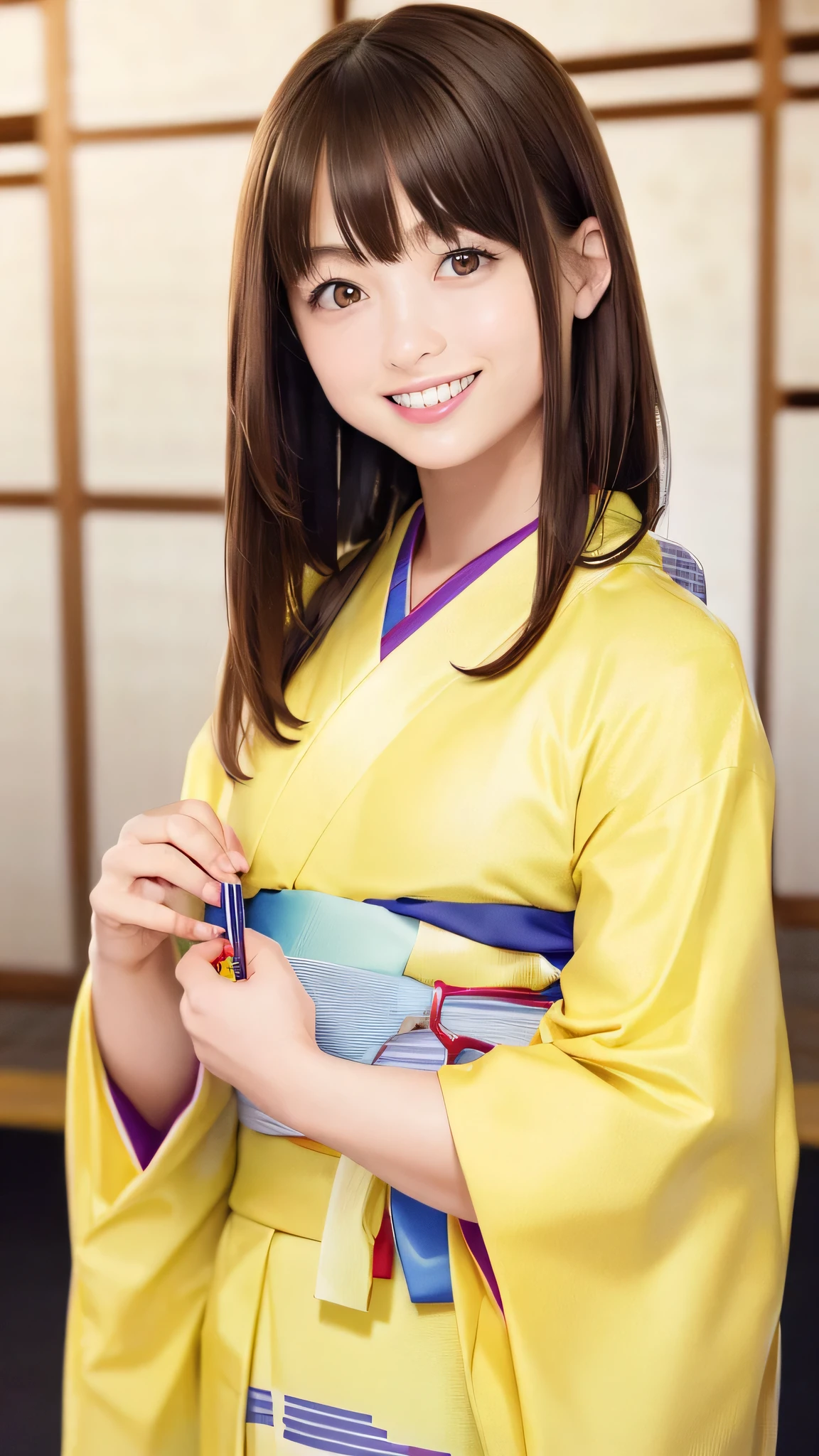 (Highest quality、8K、32k、masterpiece)、(Realistic)、(Realistic:1.2)、(High resolution)、Very detailed、Very beautiful face and eyes、20Adult female years old、Round and small face、Tight waist、Delicate body、(Highest quality、Attention to detail、Rich skin detail)、(Realistic、Realistic:1.37)、Bright colors、(((Brown Hair)))、(((Full Body Shot)))、(((Long Hair)))、(((Night fireworks festival background)))、(((smile)))、(((Teeth are visible)))、(((Wear a yellow yukata)))、、Kanna Hashimoto、 Yukata appearance、
