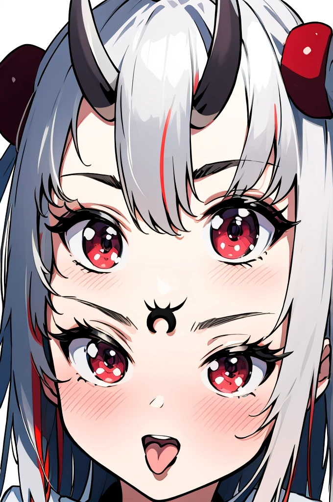 masterpiece, best quality, absurdres, looking at viewer,
Ayame, horns, oni, red eyes, long hair, white hair, red streaks, two side up, double bun, smile, blush,
detailed face, close up, detailed eyes,open mouth,tongue out,blush