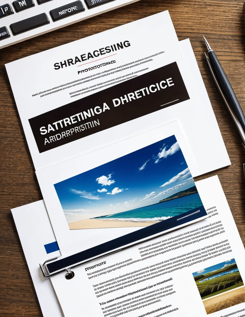 A photograph of four items used: strategic document, advertising campaign, future, market