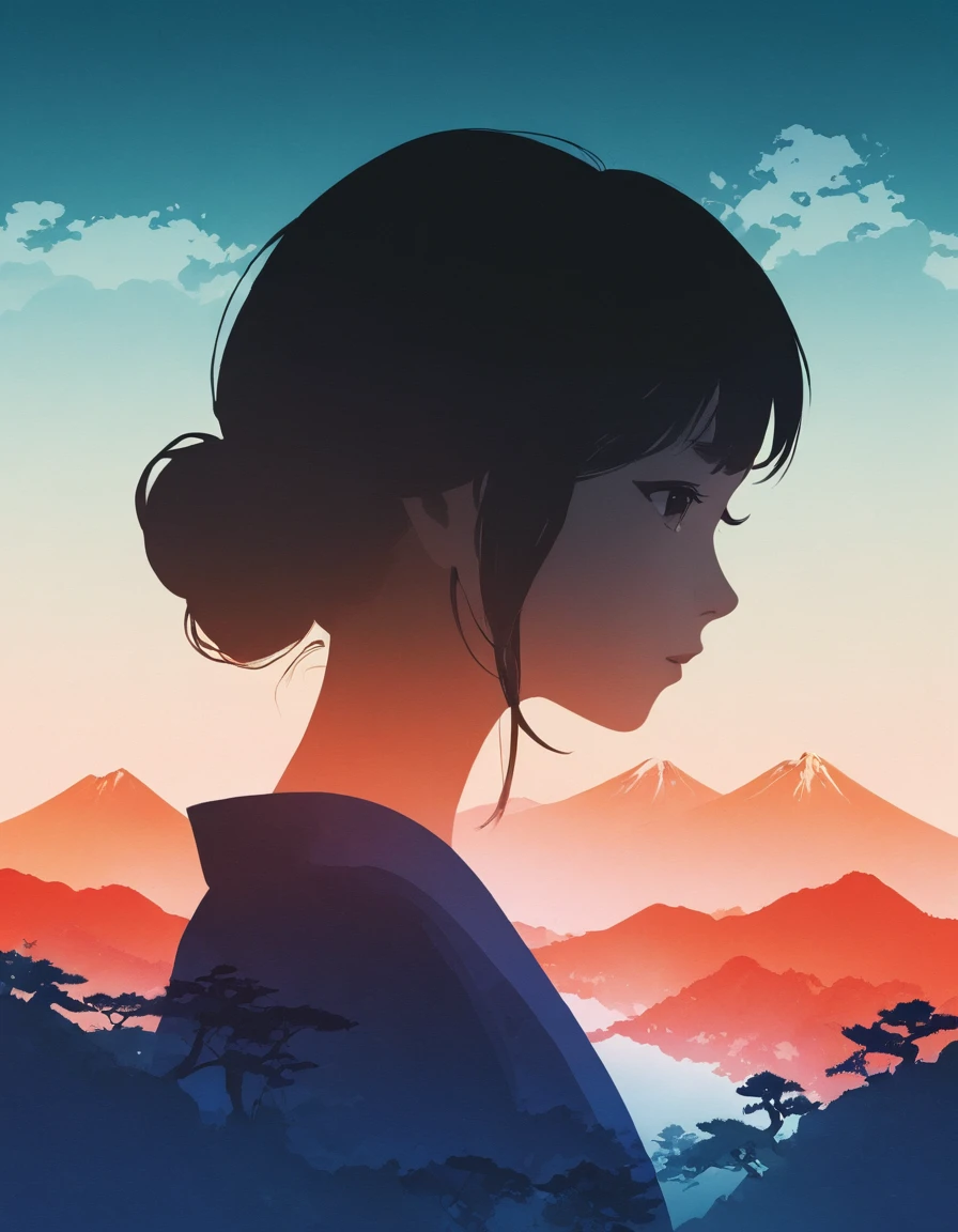 Silhouette of a girl, Lots of Japanese scenery , Modern Japanese Landscape, close, Double Exposure, Gradient Background