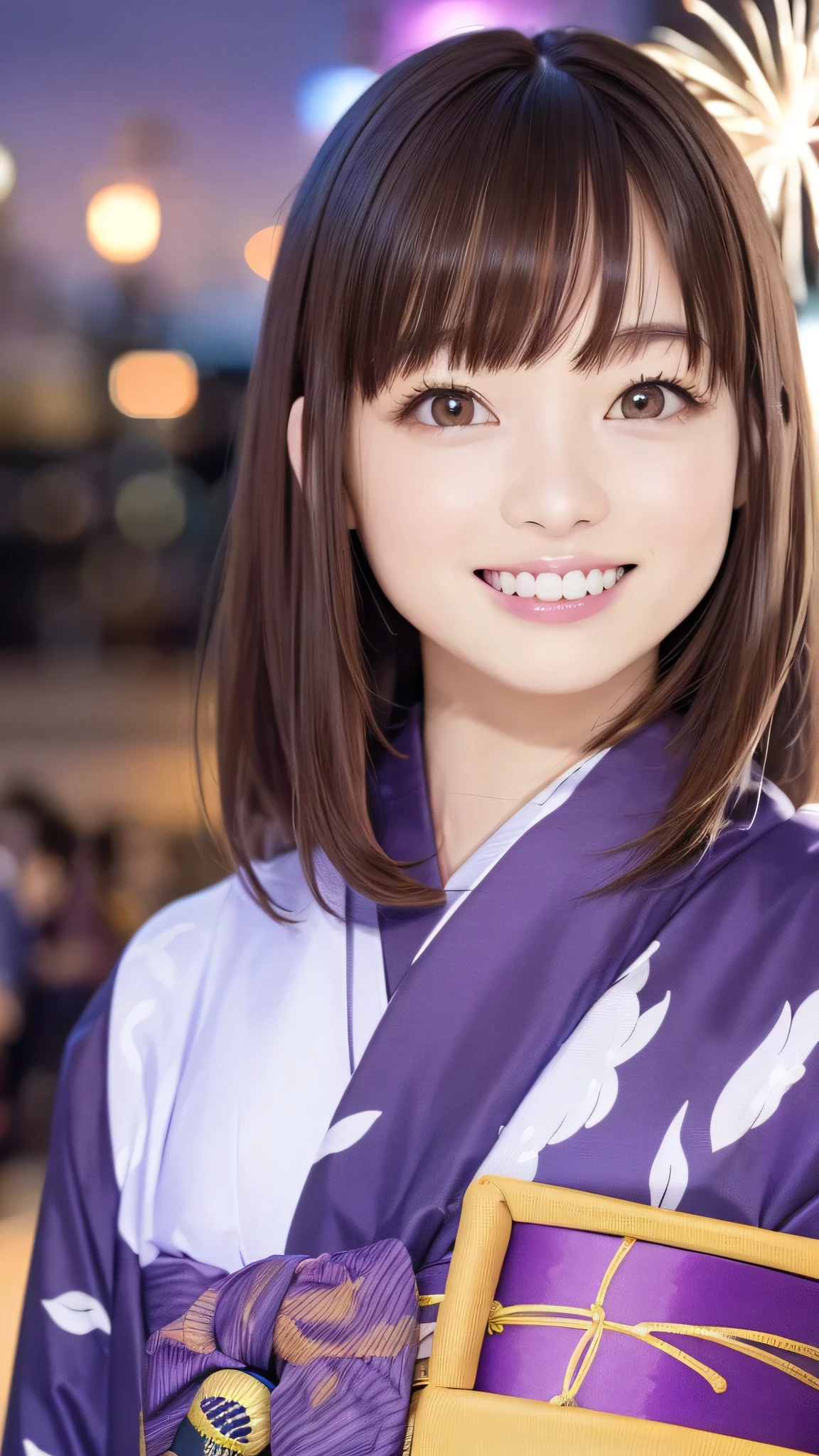 (Highest quality、8K、32k、masterpiece)、(Realistic)、(Realistic:1.2)、(High resolution)、Very detailed、Very beautiful face and eyes、２０Adult female years old、Round and small face、Tight waist、Delicate body、(Highest quality、Attention to detail、Rich skin detail)、(Realistic、Realistic:1.37)、Bright colors、(((Brown Hair)))、(((Full Body Shot)))、(((Long Hair)))、(((Night fireworks festival background)))、(((smile)))、(((Teeth are visible)))、(((Wear a purple yukata)))、、Kanna Hashimoto、 Yukata appearance、