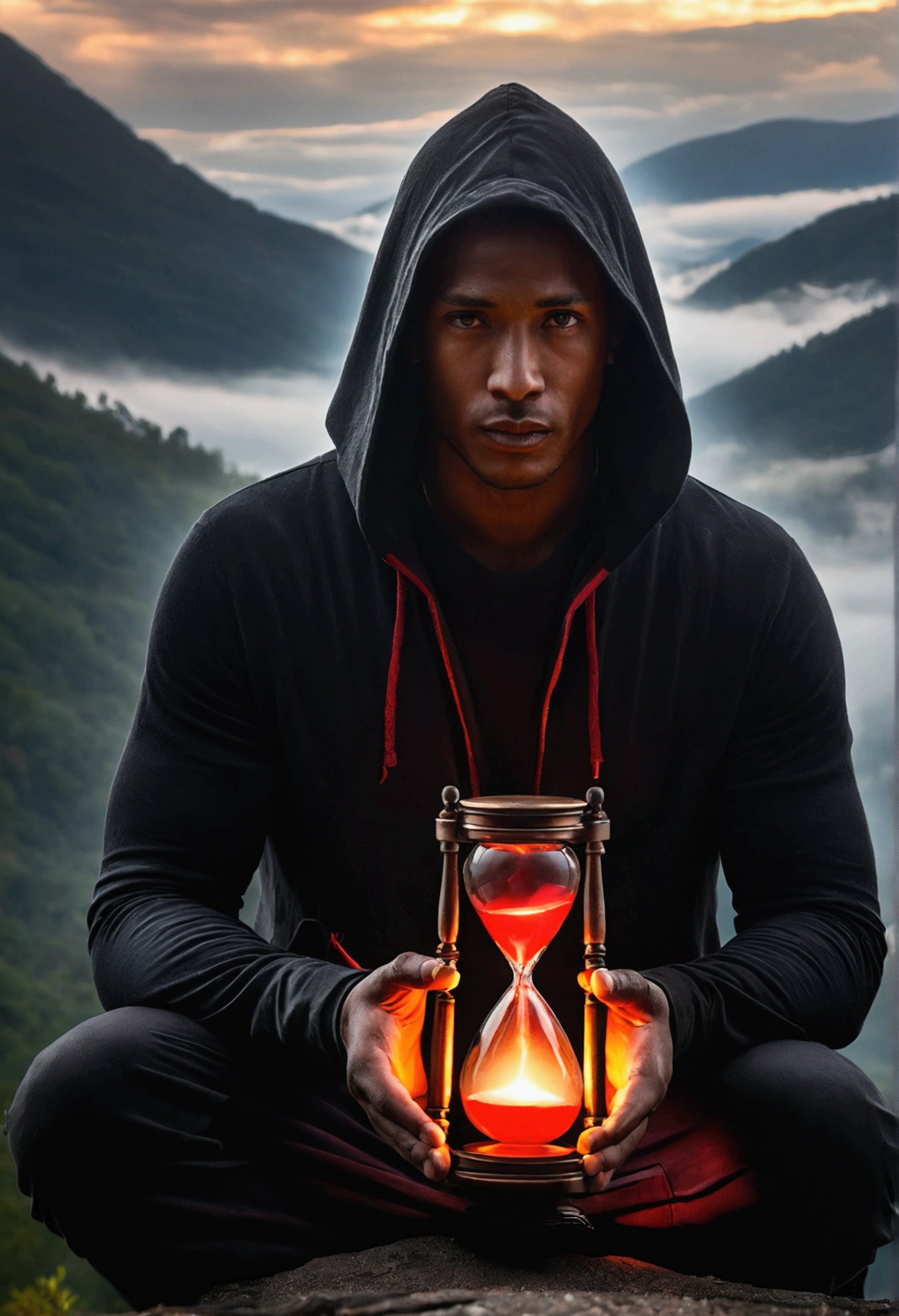 A man in a hood sits in a foggy mountainous setting, holding a glowing hourglass with red light emanating from its center. The hourglass emits an intense glow, illuminating the man's face and creating a contrast with the dark and dramatic environment in the background. Heavenly rays of light descend from the sky, adding a touch of mystery and spirituality to the scene