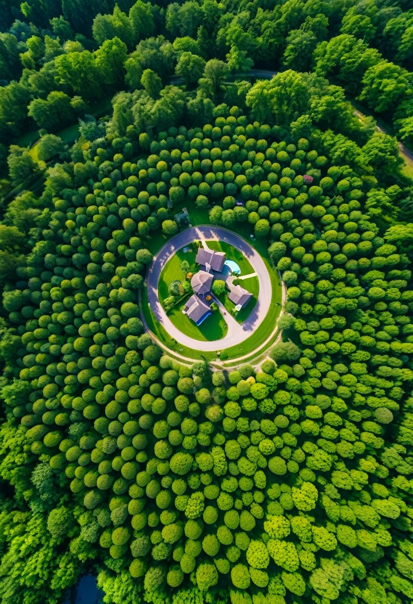 An aerial view of a village. The village has a round shape when viewed from above. Lots of trees and flowers.