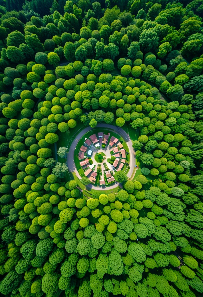 An aerial view of a village. The village has a round shape when viewed from above. Lots of trees and flowers.