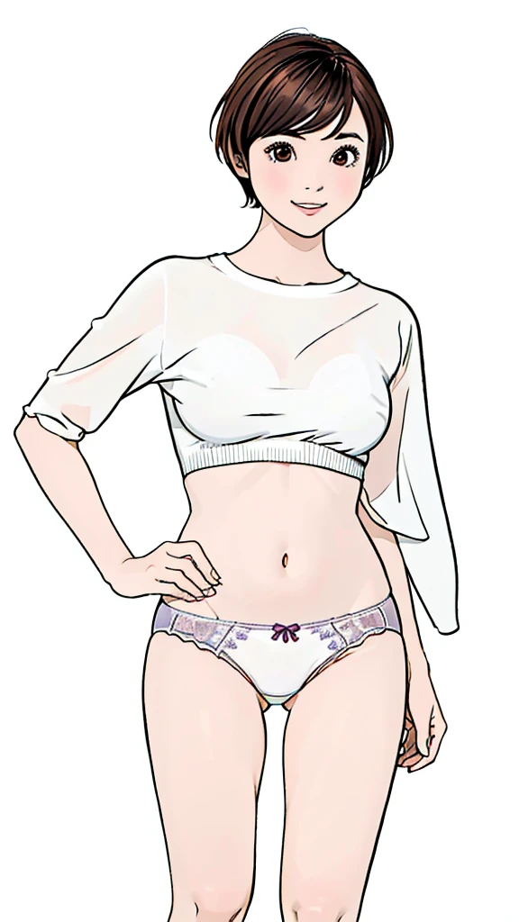 (((masterpiece, best quality, ultra highres, 1 girl, solo, no background))), super detailed skin and face and eyes and finger, beautiful japanese woman, small breasts:1.5, skinny, light brown hair, white background, very short pixie hair, Knee shot, Generate with illustrations, Various expressions, Various poses, Please draw the entire character within the frame, ensuring that the head, arms, and legs are not cut off. The background should be simple, with the character positioned centrally, outline, anime, 2d, boyish, smile showing teeth, underwear, spread legs,