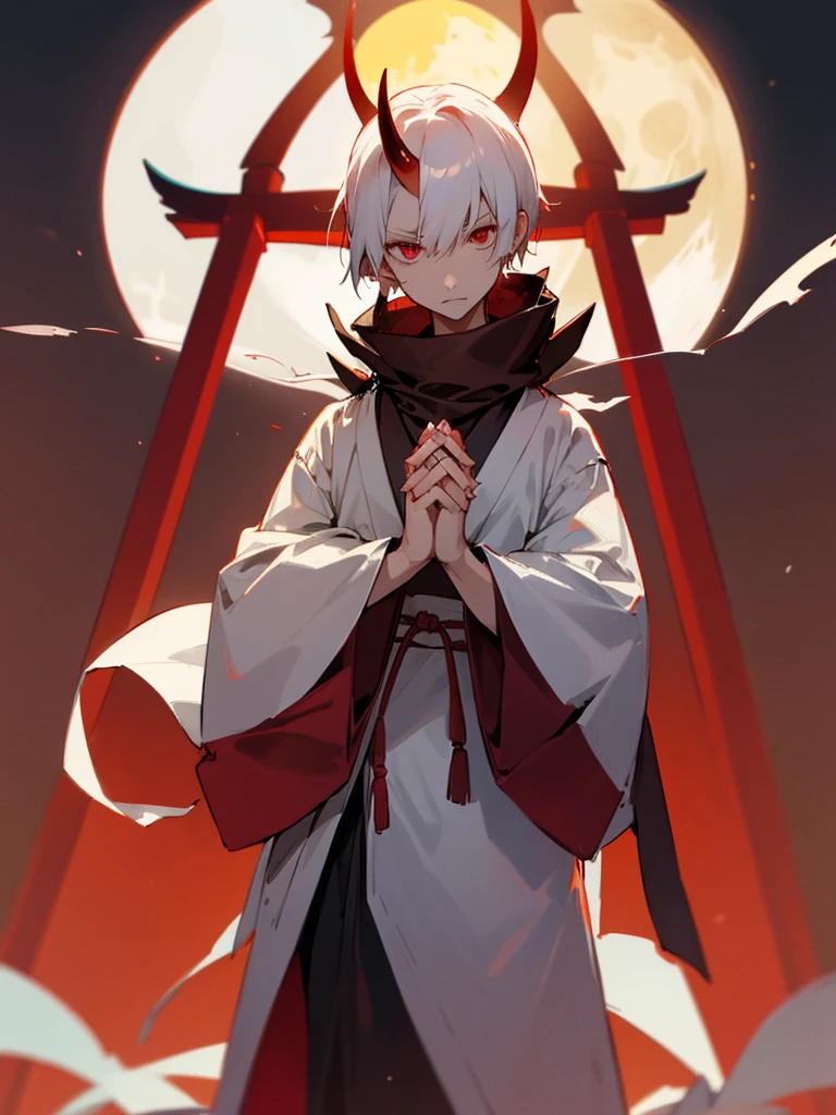 Demon, evil eye, horn, white short hair, black Western armor, torii gate, man, full moon, hands together in prayer