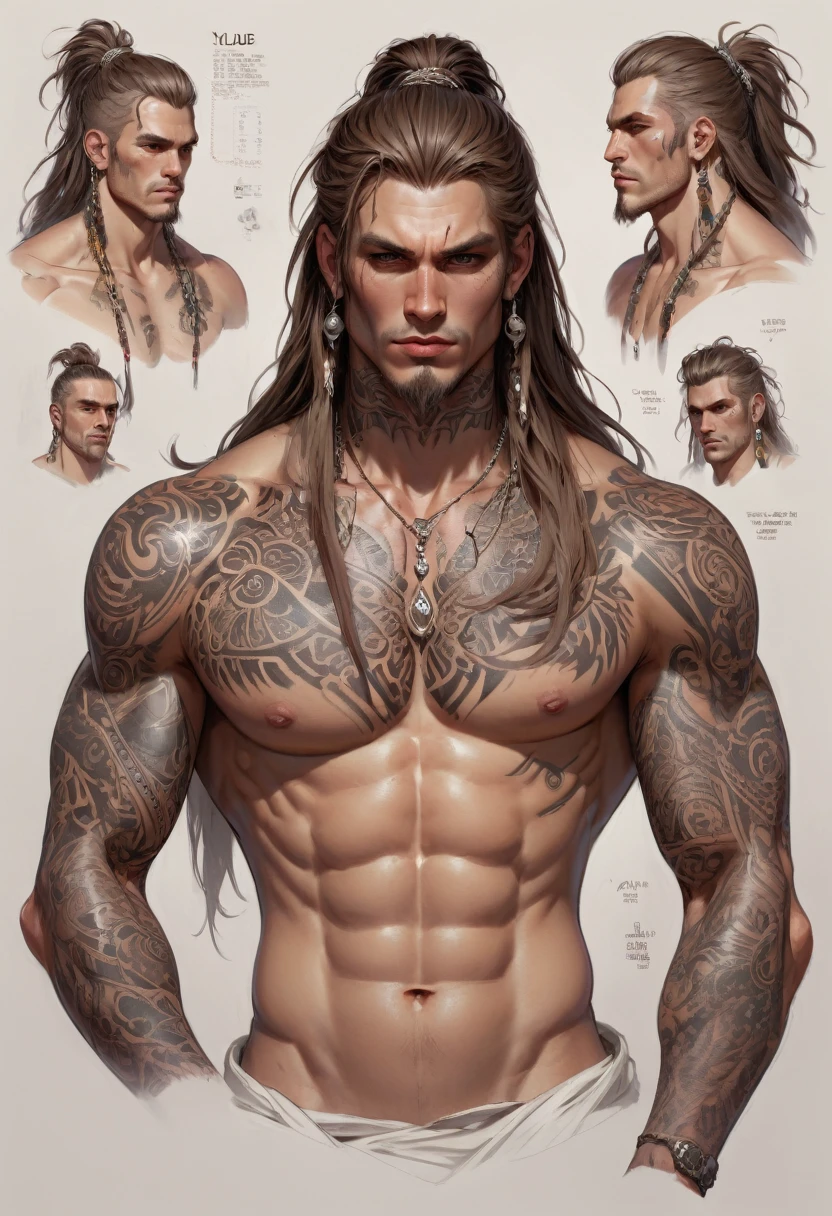 character design sheet by Yliade, best quality, masterpiece, Representative work, official art, Professional, Ultra intricate detailed, 8k, male, with white and brown long hair, tribal tattoo, naked chest, hot dude, dick and balls