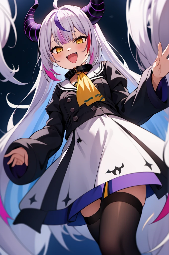 1 girl, solo, standing, , la+ darknesss, laplus, hololive, virtual youtuber, horns, (collar), yellow eyes, yellow ascot, purple dress, (long sleeves), (sleeves past fingers), white hair, streaked hair, smile, open mouth 