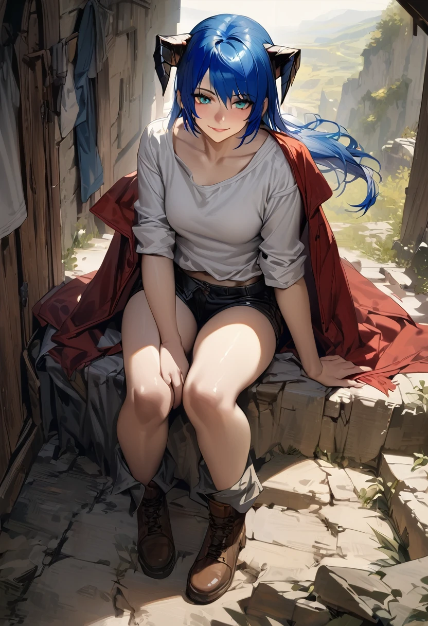 (woman), ((Mostima from arknights)), masterpiece, best quality, blue hair, short hair, pony tail, horns, medieval plain white shirt, red fullbody coat, dark blue eyes, realistic anime style, smile, black shorts.
