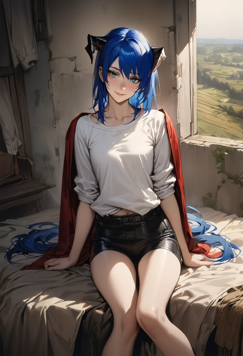 (woman), ((Mostima from arknights)), masterpiece, best quality, blue hair, short hair, pony tail, horns, medieval plain white shirt, red fullbody coat, dark blue eyes, realistic anime style, smile, black shorts.