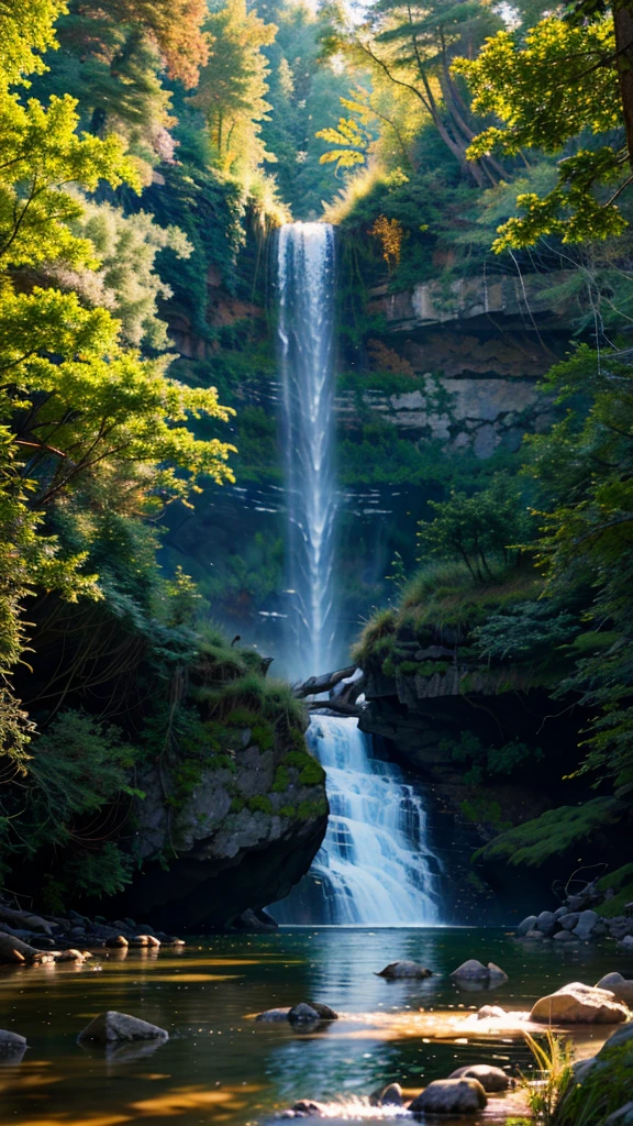 A landscape, forest, towering trees, next to a waterfall, tall waterfall, dreamy, realism, masterpiece, dreamy lighting, 8x quality, 8k resolution, 8x upscale