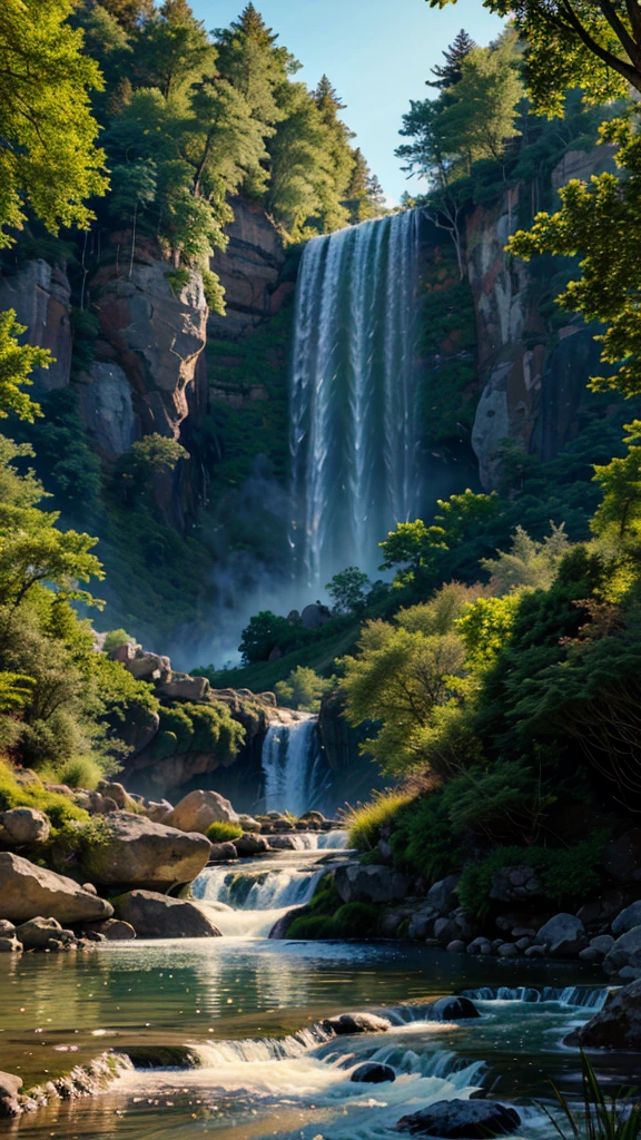 A landscape, forest, towering trees, next to a waterfall, tall waterfall, dreamy, realism, masterpiece, dreamy lighting, 8x quality, 8k resolution, 8x upscale