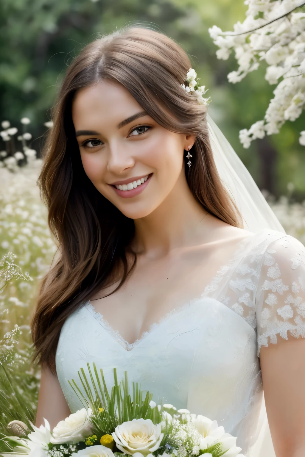 extremely sexy photo (AM190_Brigitte:0.99), a woman in a white wedding dress, ((first portrait:1.3)), model shoot style, whole body, (Extremely detailed CG unity 8k wallpaper), Photo of the most beautiful work of art in the world, professional majestic oil painting by Ed Blinkey, atey ghailan, studio ghibli, por Jeremy Mann, Greg Manches, Antonio Moro, trend on Artstation, trend on CGsociety, intricate, high detail, sharp focus, dramatic, Photorealistic painting art by Midjourney and Greg Rutkowski., (blue T-shirt:1.2), (bouquet of white flowers in hands), (smiling), ((garden with flowers and grass)), (looking at the viewer:1.2), (detailed students:1.3),