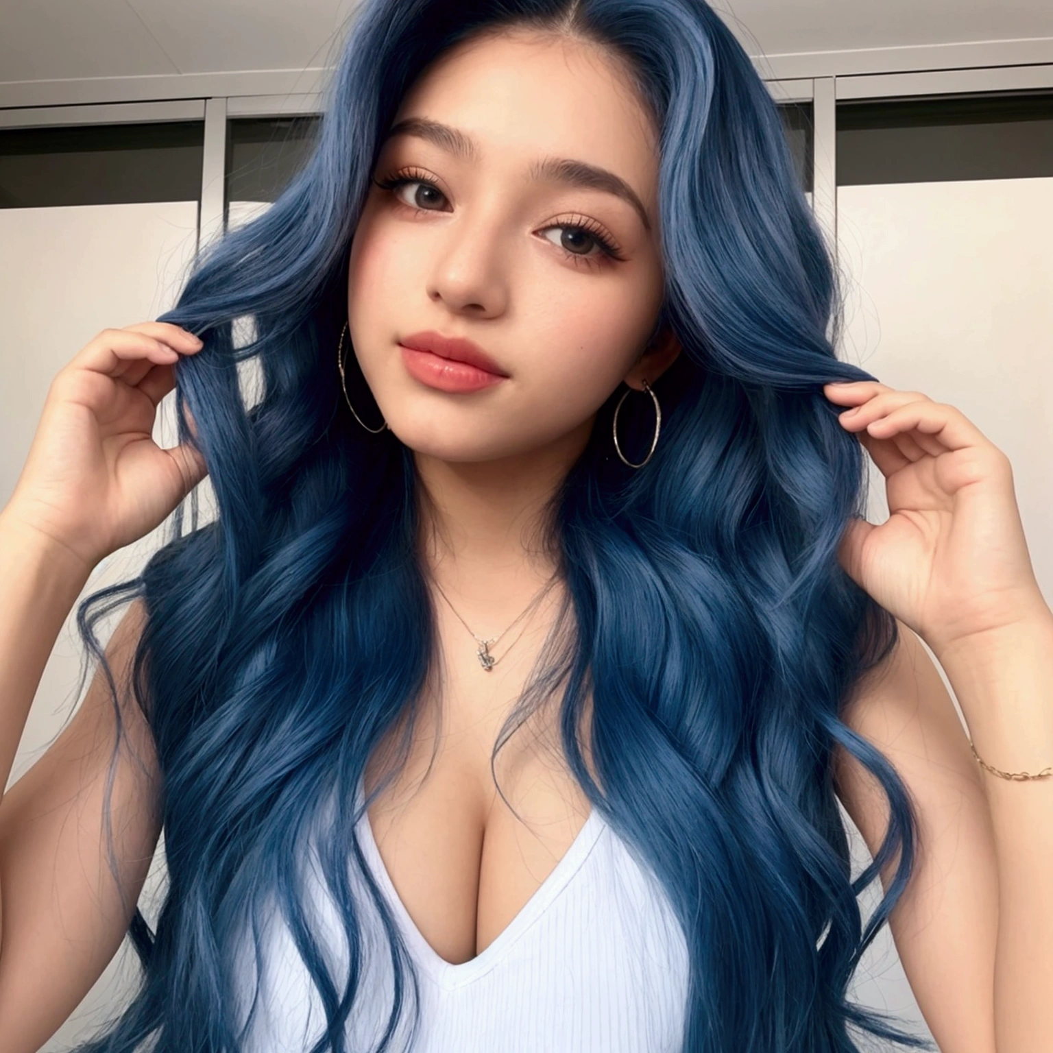 raise a girl 18 years old, long wavy blue hair, This will be our influencer for Instagram
