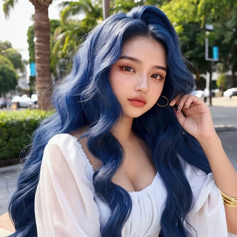 raise a girl 18 years old, Brazilian, latina, long wavy blue hair, This will be our influencer for Instagram