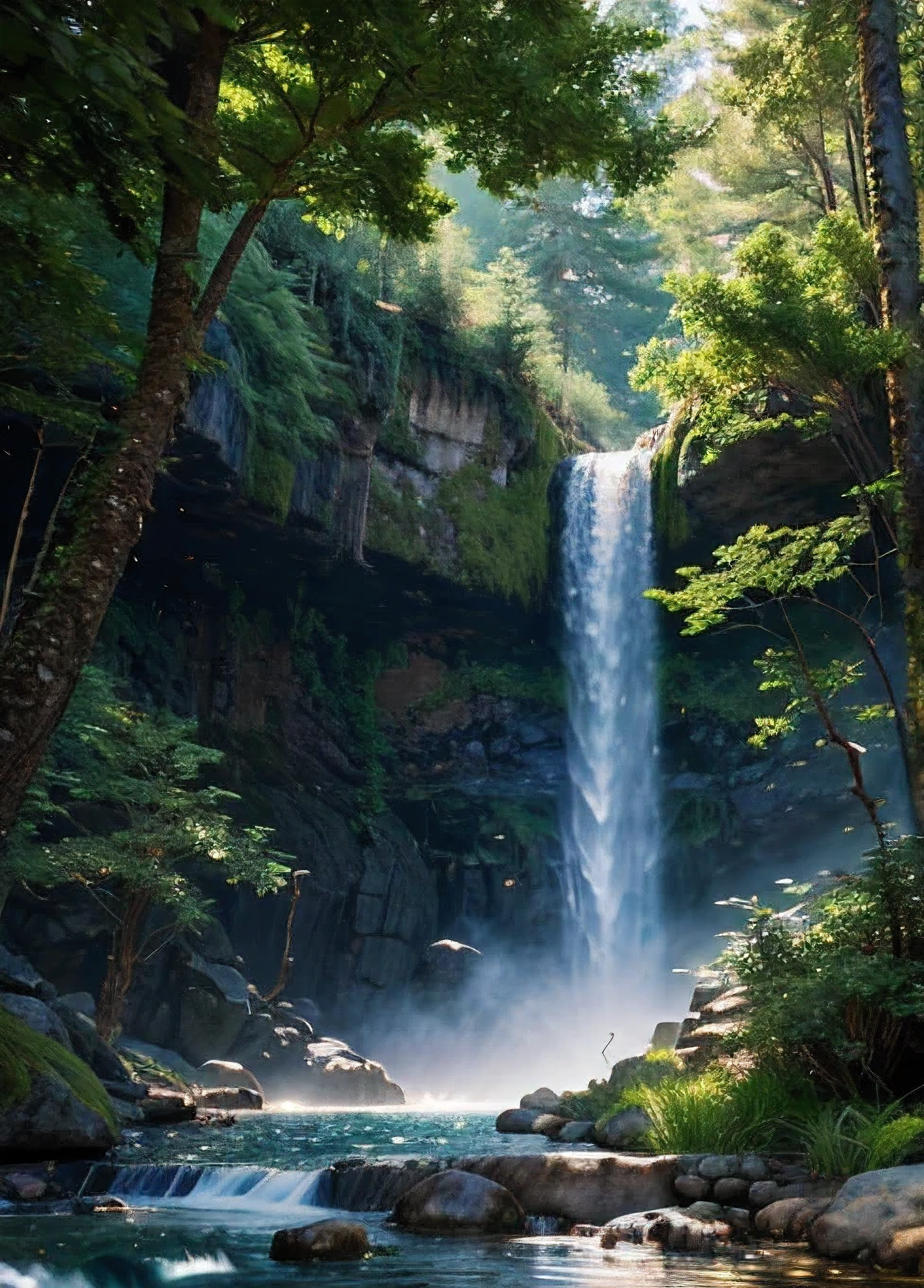 A landscape, forest, towering trees, next to a waterfall, tall waterfall, dreamy, realism, masterpiece, dreamy lighting, 8x quality, 8k resolution, 8x upscale