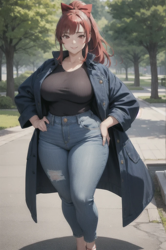 ((mature)), Kasumi Yoshizawa has become a mature woman, Realistic denim texture, chubby upper body but small breasts, dskasumi, red hair, long hair, ponytail, red eyes, hair bow, 1girl, solo, ((height 150cm)), thick thighs, Bow legs, Beautiful face but chubby face, Chubby kasumi yoshizawa, Hands on hips, Stand up straight, ((Full body)), (low head 1.5), A little chubby body type and small breasts, masterpiece, tight denim pants, ((small breasts)), (thick legs), Full body+, Solo, Swollen face, 1 woman, navy blue Denim pants, thick thighs, low rise navy blue denim pants, solo, simple background, masterpiece, best quality, A chubby figure that seems real, smile, Middle-aged obesity, (((Wearing a stylish coat))), (big ass), Stylish outfit,
red ribbon
outdoors, park, trees, dappled sunlight, depth of field, cinematic, game cg, official art, masterpiece, best quality
