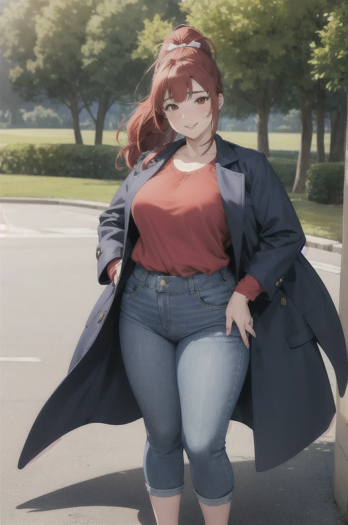 ((mature)), Kasumi Yoshizawa has become a mature woman, Realistic denim texture, chubby upper body but small breasts, dskasumi, red hair, long hair, ponytail, red eyes, hair bow, 1girl, solo, ((height 150cm)), thick thighs, Bow legs, Beautiful face but chubby face, Chubby kasumi yoshizawa, Hands on hips, Stand up straight, ((Full body)), (low head 1.5), A little chubby body type and small breasts, masterpiece, tight denim pants, ((small breasts)), (thick legs), Full body+, Solo, Swollen face, 1 woman, navy blue Denim pants, thick thighs, low rise navy blue denim pants, solo, simple background, masterpiece, best quality, A chubby figure that seems real, smile, Middle-aged obesity, (((Wearing a stylish coat))), (big ass), Stylish outfit,
red ribbon
outdoors, park, trees, dappled sunlight, depth of field, cinematic, game cg, official art, masterpiece, best quality
