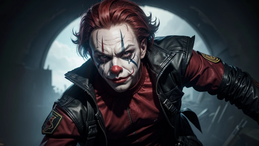 create a male online game soldier with an evil clown mask that shows his entire body