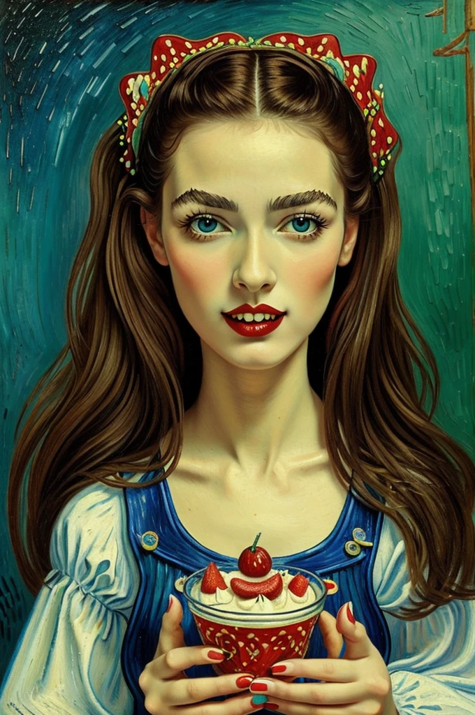 A brunette girl with fangs eating sweets ( that this image resembles the paintings of Salvador Dali and Vincent van Gogh