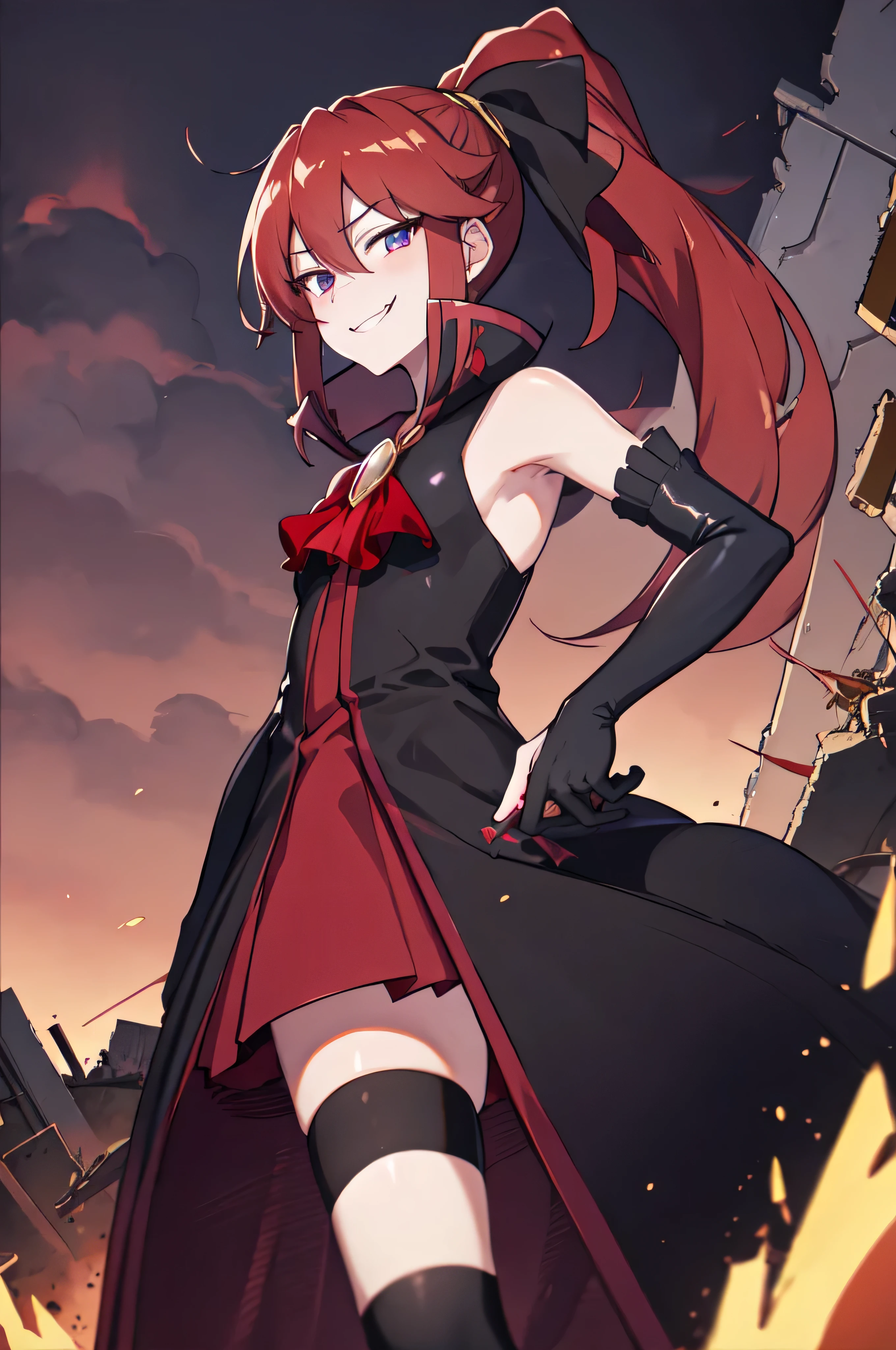 Highest quality, masterpiece, One Girl,Not beautiful, Red Ponytail, Long dress, brooch, Hair Ribbon, - Elbow hand pockets, Black knee socks, Standing on the rubble,Red cityscape, (Wicked Smile:1.1), ,,Dark shadowed face,Sadistic smile,Malice,Contempt,smile,latex,Bad face,,Red Skirt,Purple Sky