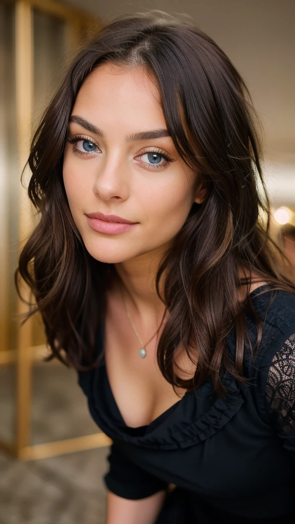 Beautiful brunette with blonde highlights, Aridugarte with a black dress, standing, full body shot, looking at the viewer, in a night club, Intricate high detail, 22 years, , , innocent face, natural wavy hair, Blue eyes, high resolution, Masterpiece, Best Quality, Intricate high detail, Very detailed, sharp focus, detailed skin, realistic skin texture, texture, detailed eyes, professional, 4k, charming smile, shot on Canon, 85mm, shallow depth of field, Kodak Vision Color, body in perfect shape , extremely detailed, Photography_\(ultra\), photorealistic, realist, Post processing, Maximum details, roughness, real life, ultra realistic, photorealism, Photography, 8k hd, Photography, busty