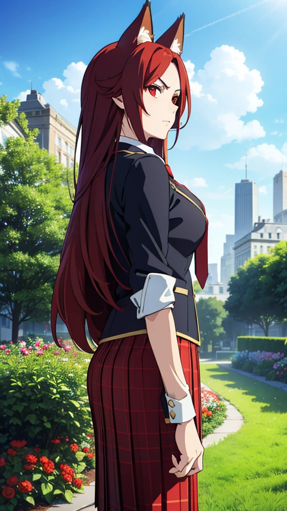 ((beautiful face)),1girl ,20s,mature female,(red hair),long hair,red eyes,fox ears,(garden,blue sky,city),serious,necktie,black jacket, blazer,long sleeves,pleated skirt,dynamic angle,from back,looking ai view